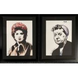 Two framed ink portraits of Coronation Street characters Hilda Ogden and Elsie Tanner by Brian