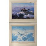 Two framed prints by Robert Taylor signed by Spitfire pilots including Douglas Bader and Lancaster