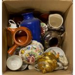 A box of mixed china and other items.