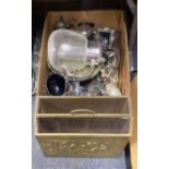 A box of good silver plate and metalware together with a brass magazine rack.