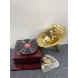 A reproduction wind up gramophone, 38 x 38cm.