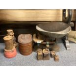 A large vintage scale and weights with other items.