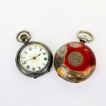 A lady's hallmarked silver pocket watch together with an enamelled silver sovereign holder.