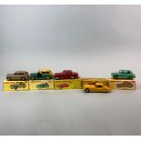 Five boxed Dinky Toys diecast model vehicles: model no. 153, no. 254, no. 184, no. 154 and no. 157.