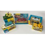 Five boxed (reproduction) Corgi diecast model vehicles: model no. 335, no. 472, no. 437, no. 337,