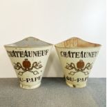 A pair of French-painted Chateauneuf du-pape grape picking metal hottes with carrying straps, H.