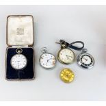 An Omega military pocket watch, a silver pocket watch with two further pocket watches and a pocket