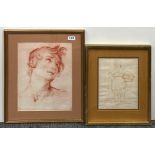 Two gilt framed pencil etchings of figures in contemplation, largest frame size 49 x 40cm.