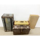 Two vintage suitcases, a cabin trunk and a plywood case, largest suitcase 68 x 27 x 46cm.