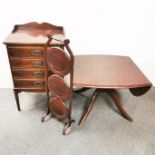 A mahogany 1920's sheet music cabinet together with a mahogany folding cake stand and a drop leaf