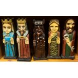 A group of five painted carved wooden wine boxes, 42cm.