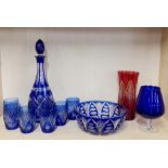 A group of good Bohemian cut crystal with a blue glass goblet, tallest 37cm.