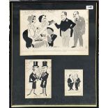 A framed group of three caricatures with pencil notations, frame size 49 x 62cm.
