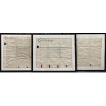 Three interesting framed hand written indentures on vellum, frame size 94.5 x 81.5cm.