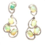 A pair of 925 silver drop earrings set with cabochon cut opals and white stones, L. 3.6cm.