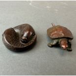 A Japanese bronze figure of a turtle, L. 6cm. together with a Japanese bronze figure of intwined