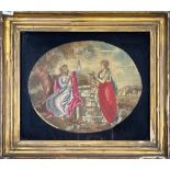 An early gilt framed stump work on silk picture of Christ with the woman by the well, frame size