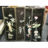 A set of four Chinese lacquered and mother of pearl decorated panels, H. 93cm. W. 30cm.