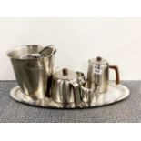 An Old Hall stainless tea set with a silver plated tray and two ice buckets.