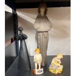 A Lladro figure of a monk with a Royal Doulton figure and two Royal Worcester figures, one A/F.