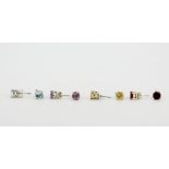 Four pairs of 925 silver stone set stud earrings, including citrine, garnet blue topaz and amethyst,
