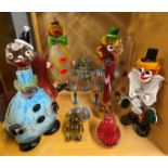 Four Murano glass clown figures, tallest 35cm. and other glass items.
