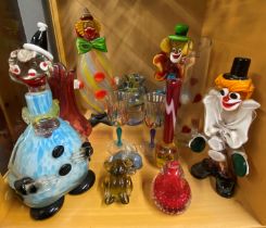 Four Murano glass clown figures, tallest 35cm. and other glass items.