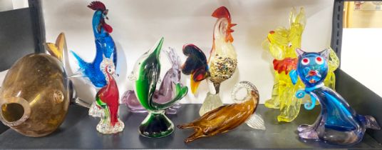 A group of Murano and other lass animals, fish and bird, tallest 30cm.