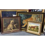 A group of four framed oil paintings of animals, largest frame 104 x 69cm.