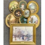 A group of eight oval gilt framed oils on board together with a gilt framed oil on board titled '