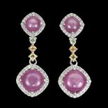 A pair of 925 silver drop earrings set with cabochon cut rubies and fancy colour sapphires, L. 3.