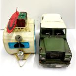 A handmade metal Land Rover and caravan, land rover size 30 x 13 x 15cm.