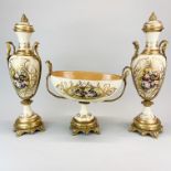 A garniture of three continental painted brass urns and centre bowl, tallest H. 45cm.