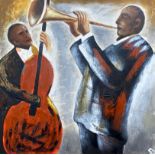 An unframed oil on canvas of two jazz musicians, 80 x 80cm.