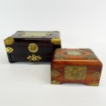 Two mid-20th century Chinese jewellery boxes inset with jade, largest 20 x 14 x 10cm.