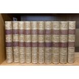 Ten volumes, half leather bound of the Works of Lord Macaulay, History of England. Volume H. 20cm.