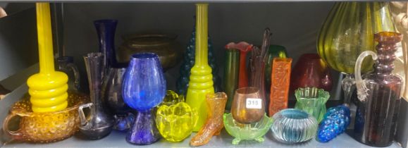 A collection of 1970s and other coloured glassware.