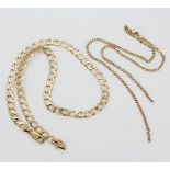 A heavy hallmarked 9ct yellow gold flat curb chain, L. 51cm, with a further hallmarked 9ct yellow go