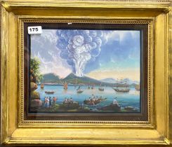 A gilt framed gouache of Mount Vesuvius and the bay of Naples, frame size 41 x 49cm.