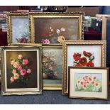 A group of four gilt framed oil paintings of flowers and two further flower pictures, largest