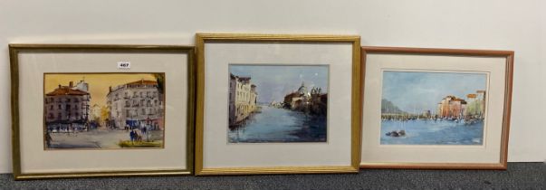 Three framed watercolours of continental scenes, largest 54 x 48cm.