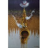 Kalu Uche Karis, "Saxophonist", oil on canvas, 92 x 61cm, c. 2023. Call for nature meit in Melody,