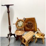 A mahogany plant stand and a quantity of interesting wooden items.