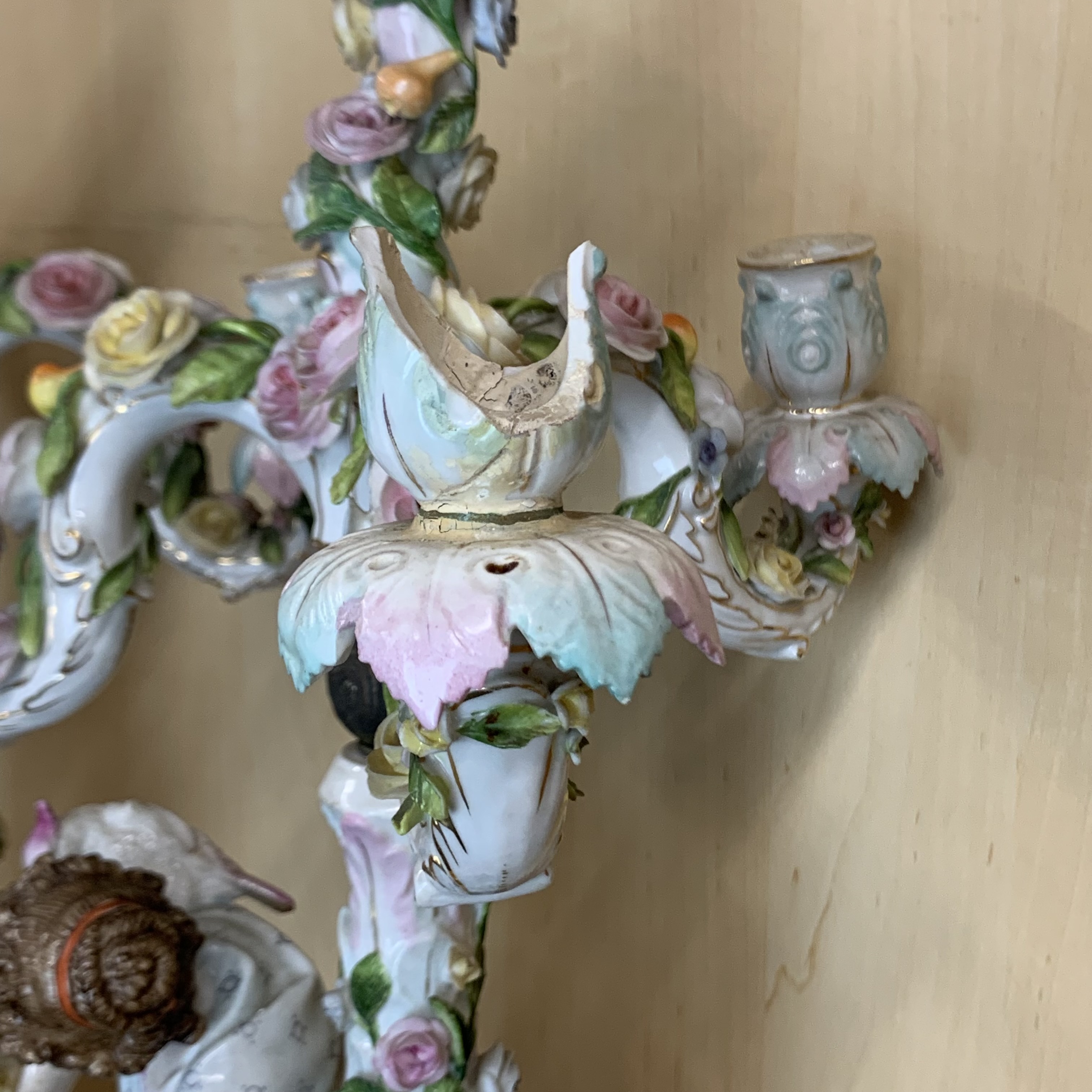 A pair of large 19th century hand-painted porcelain candelabras, H. 52cm. some damage, part of the - Image 2 of 5