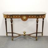 A French ormolu mounted, marble topped hall table with hand painted porcelain plaque decoration, 120