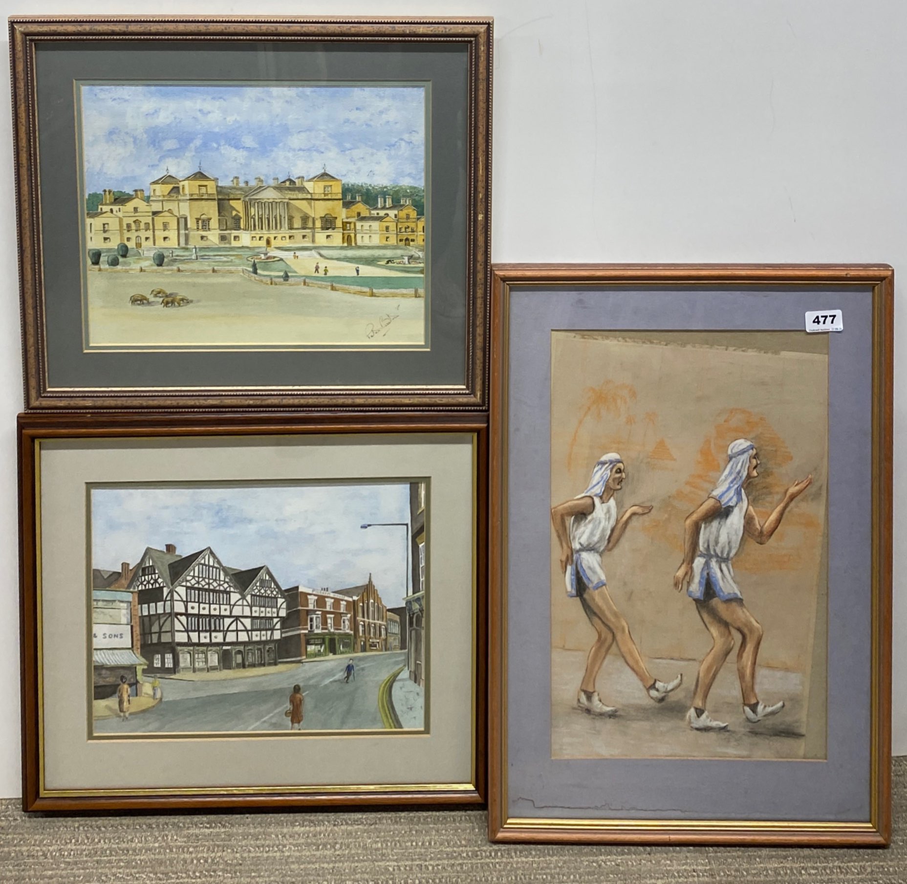 Two framed watercolours and a pastel, largest. 42 x 59cm.