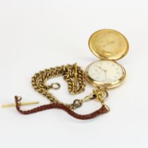 A gent's rolled gold pocket watch and chain. Appears to be in working order but not fully tested.