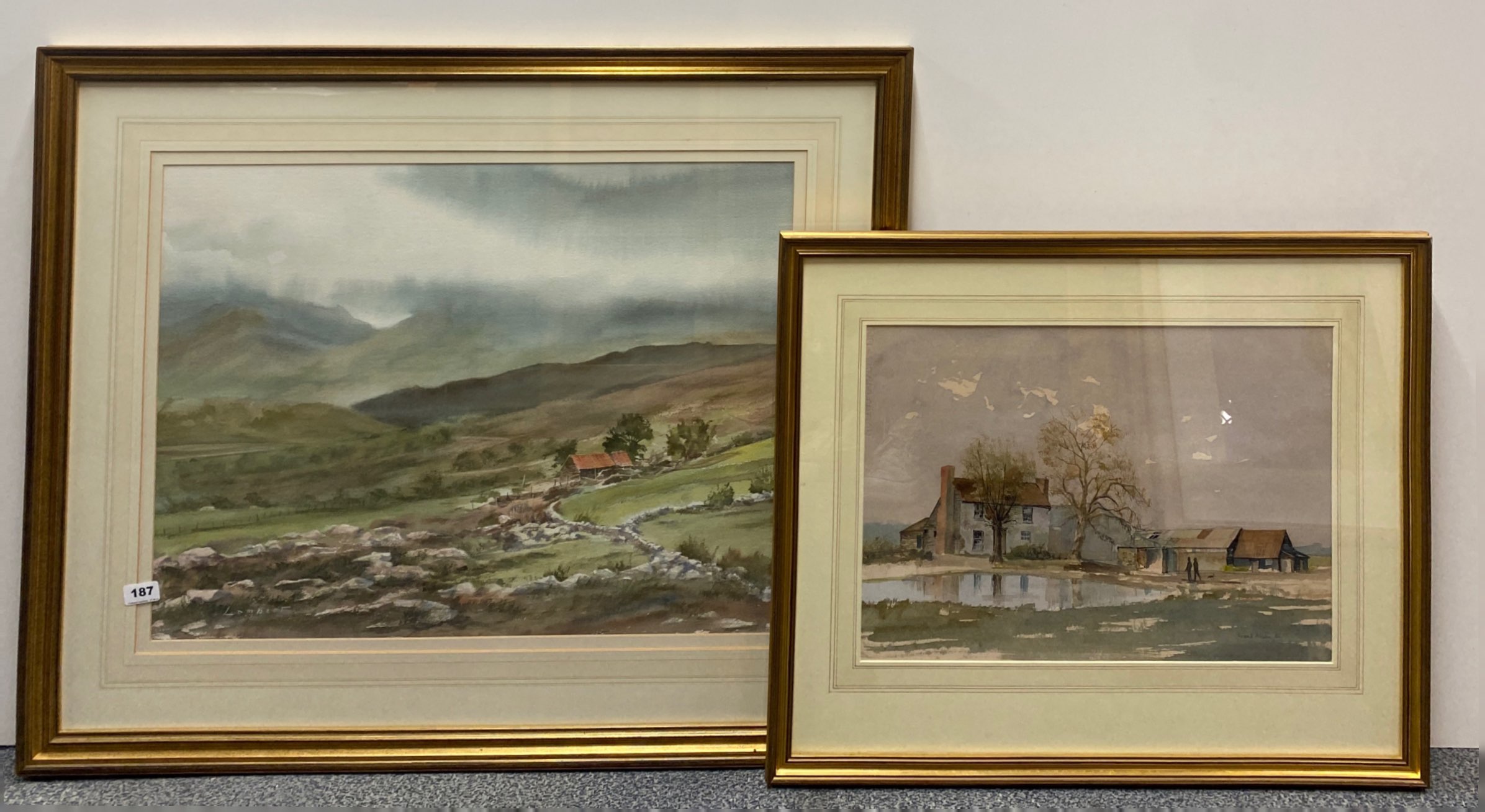A large gilt framed watercolour landscape signed Lambert, frame size 78 x 95cm. together with a