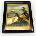 A fine Japanese hand-painted and gilt 1920s painting of a moon over a lake, frame size 29 x 34cm.