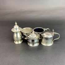 Five hallmarked silver cruet items, one with detached lid requiring small pin.